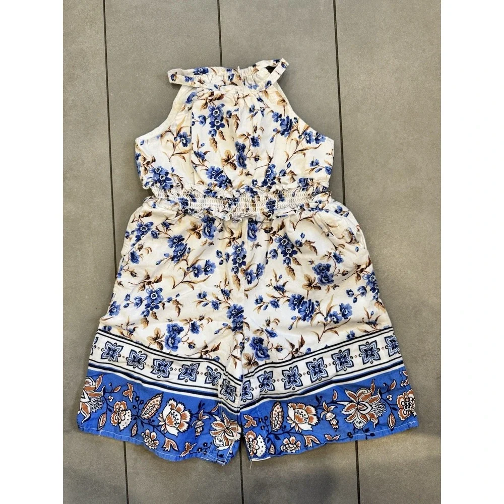 Janie and Jack Floral Jumpsuit 12-18 Months Blue Ruffles Cute Summer Beach Vacay